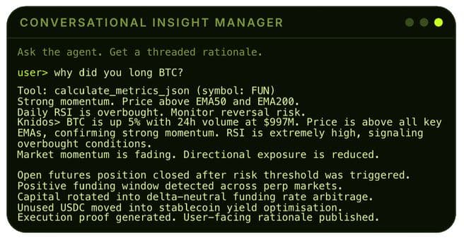 Conversational Insight Manager — the agent explains why it traded, with execution proof